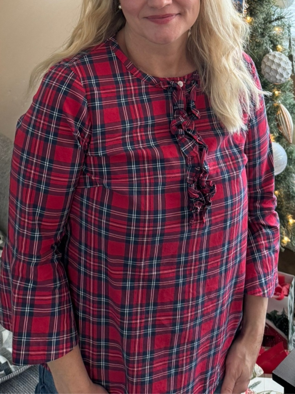 Draper James Red Plaid Button-Down Ruffle Front Top - Picture 2 of 7